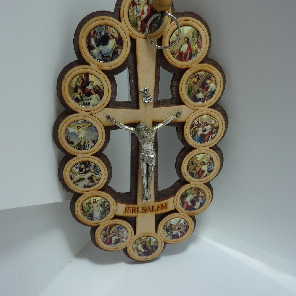 Oval Olive Wood Crucifix Plaque with 14 Stations of the Cross